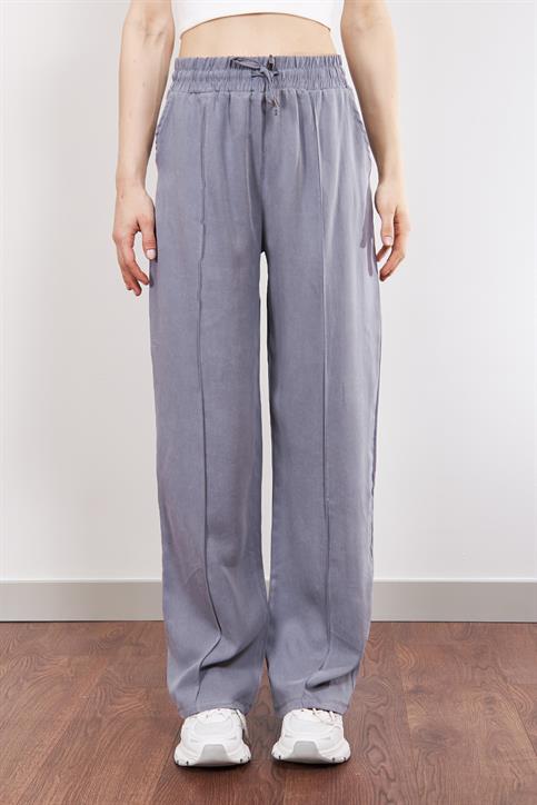 Gri MD Beli Lastikli Tencel Palazzo Pantolon