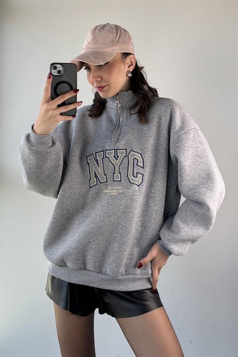 Gri NYC Nakışlı Yarı Fermuarlı Sweatshirt