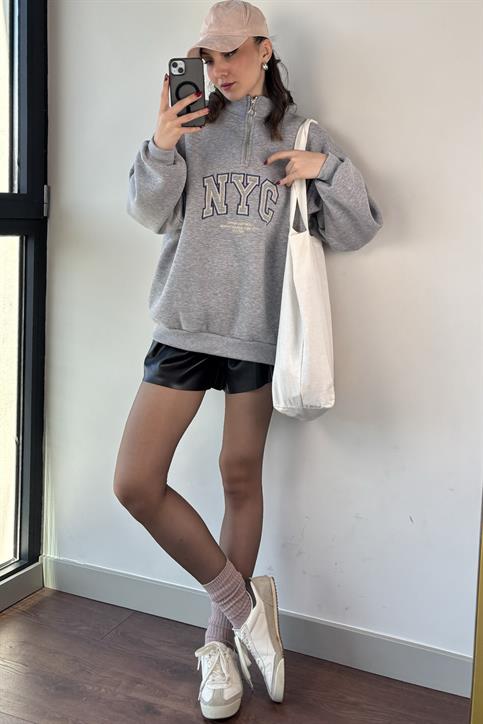Gri NYC Nakışlı Yarı Fermuarlı Sweatshirt