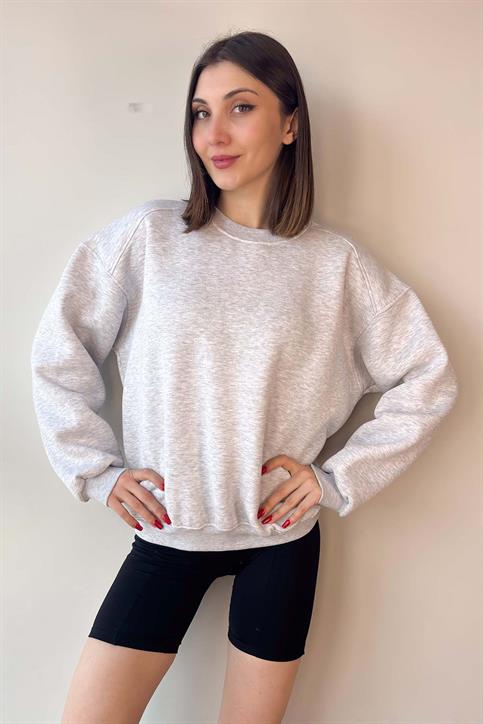 Gri Oversize Bisiklet Yaka İçi Şardonlu Üç İplik Sweatshirt