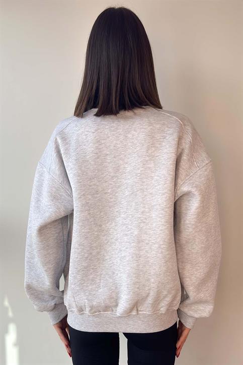 Gri Oversize Bisiklet Yaka İçi Şardonlu Üç İplik Sweatshirt
