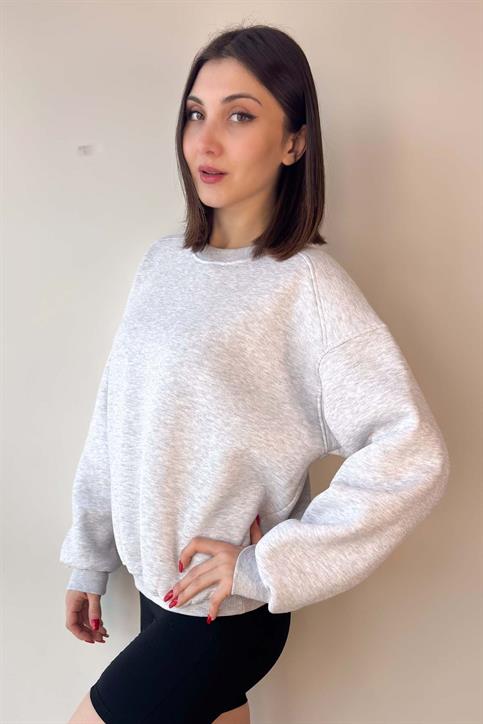 Gri Oversize Bisiklet Yaka İçi Şardonlu Üç İplik Sweatshirt