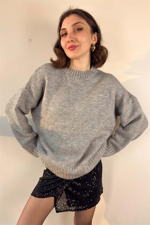 Gri Oversize Bisiklet Yaka Triko Kazak