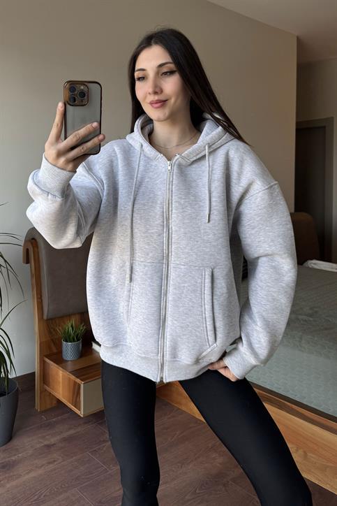 Gri Oversize Kapüşonlu Fermuarlı Hoodie