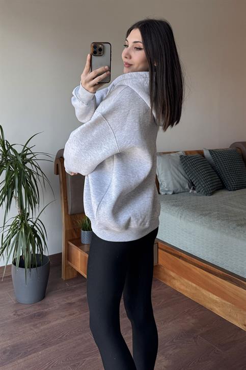 Gri Oversize Kapüşonlu Fermuarlı Hoodie