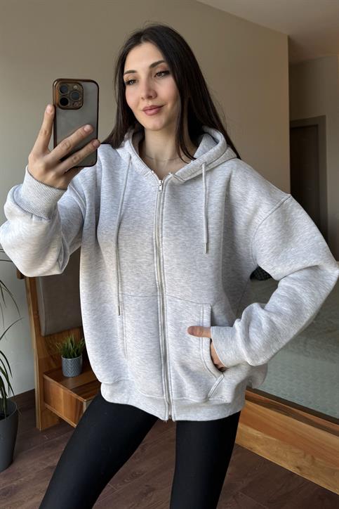 Gri Oversize Kapüşonlu Fermuarlı Hoodie