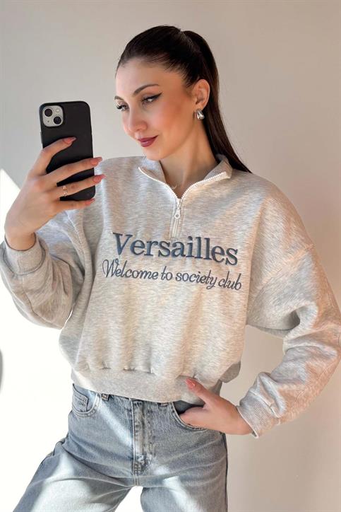 Gri Versailles Yarım Fermuarlı Crop Sweatshirt