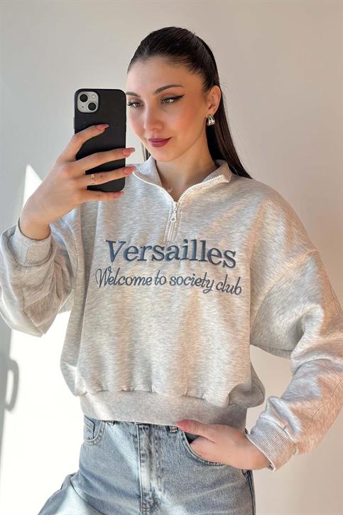 Gri Versailles Yarım Fermuarlı Crop Sweatshirt