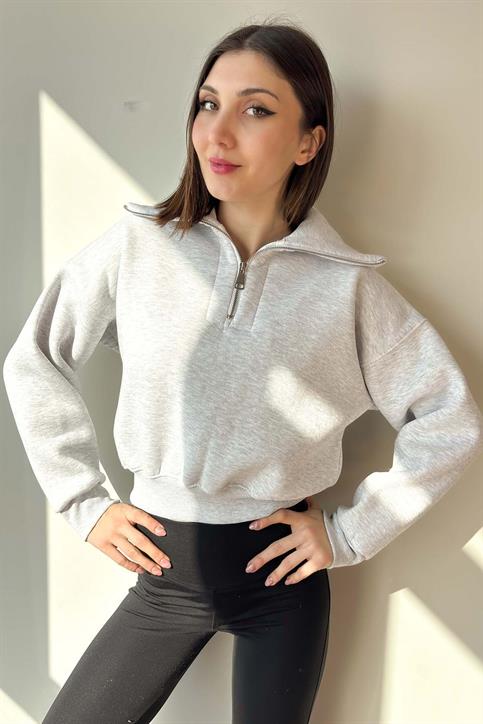Gri Yaka Detaylı Crop Sweatshirt