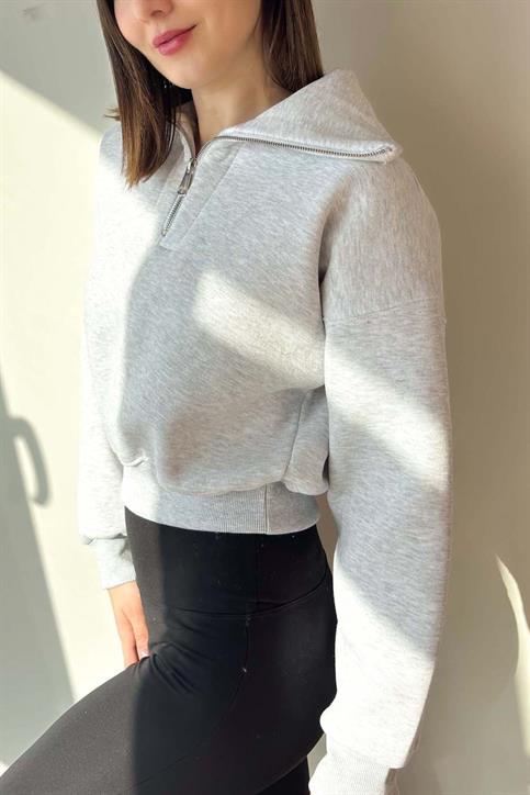 Gri Yaka Detaylı Crop Sweatshirt
