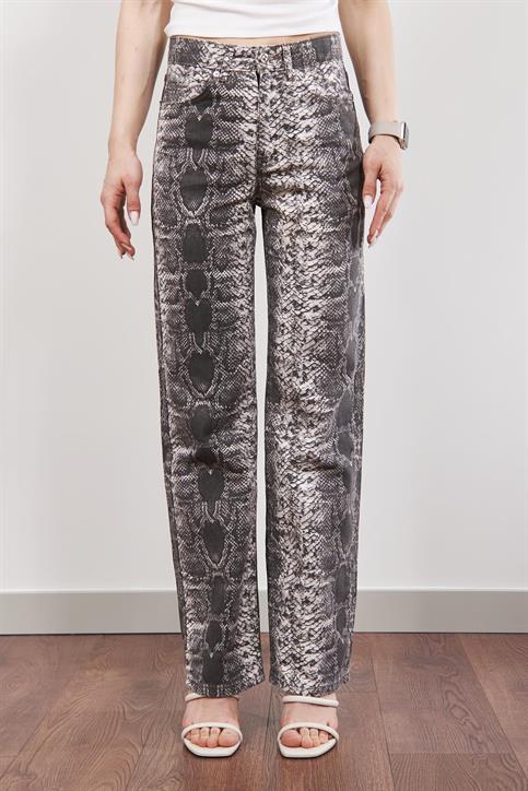 Gri Yılan Desenli Straight Jean