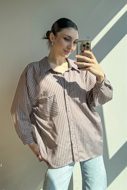 Gül Kurusu Çizgili Oversize Gömlek