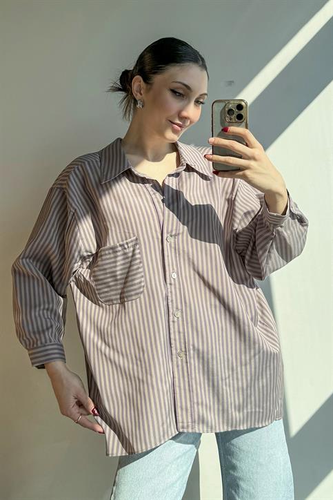 Gül Kurusu Çizgili Oversize Gömlek