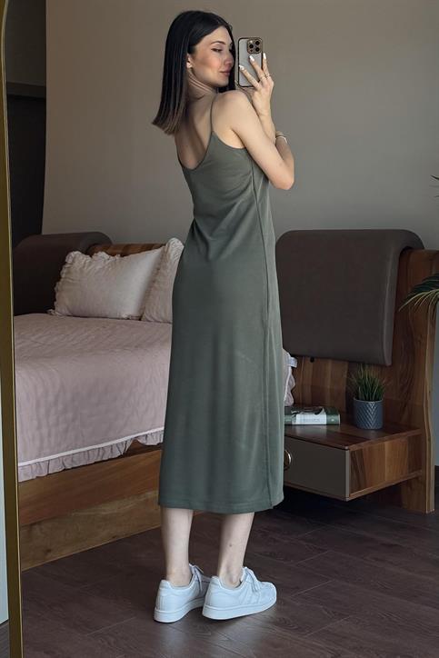 Haki Askılı Pike Modal Elbise