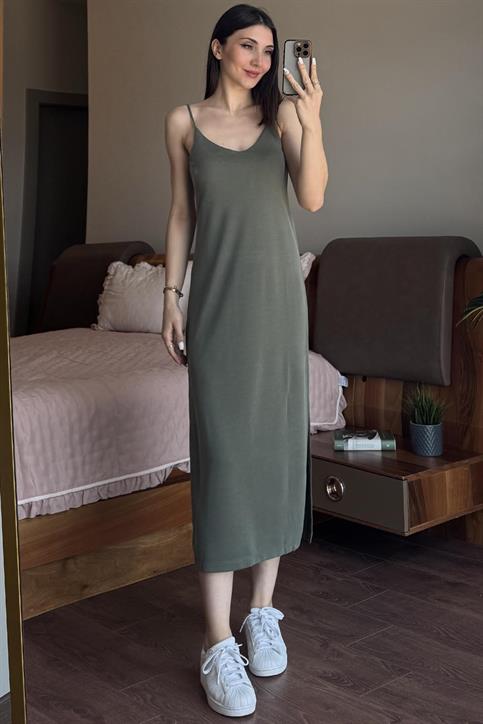 Haki Askılı Pike Modal Elbise