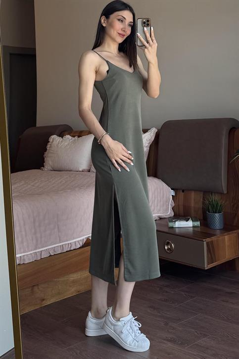 Haki Askılı Pike Modal Elbise