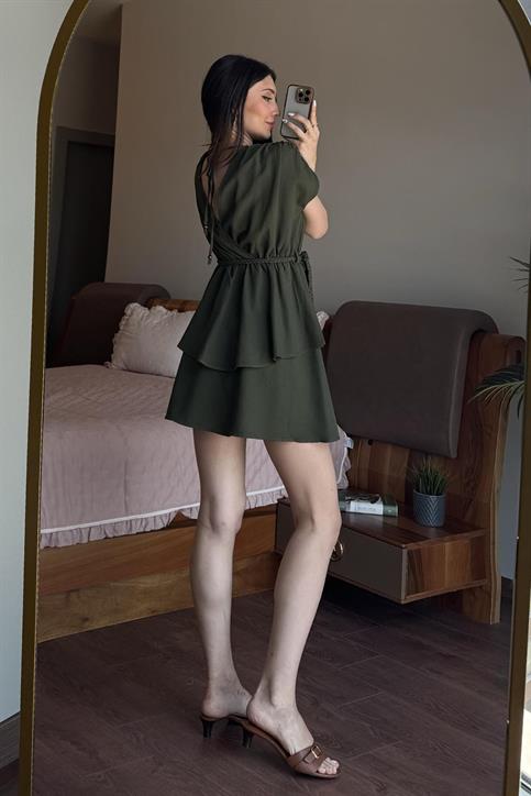 Haki Beli Lastikli Kemer Detaylı Keten Elbise