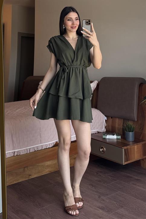 Haki Beli Lastikli Kemer Detaylı Keten Elbise