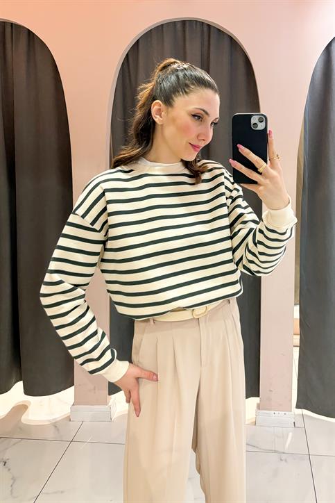 Haki Çizgili Sweatshirt