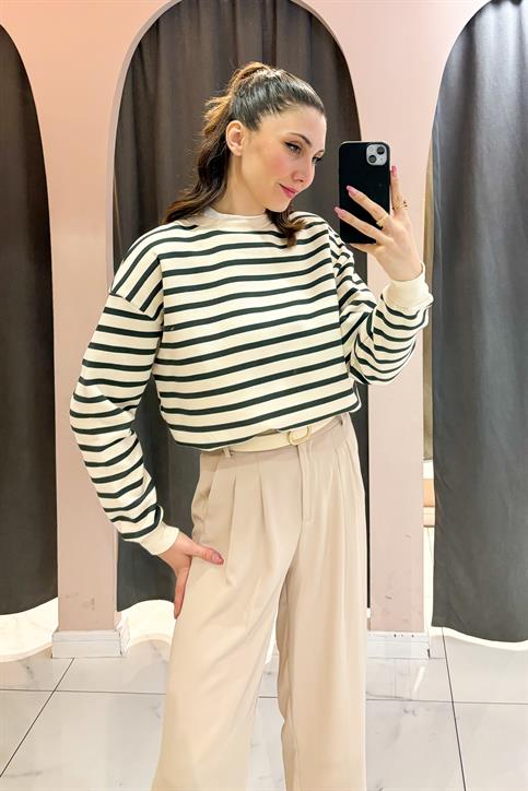 Haki Çizgili Sweatshirt