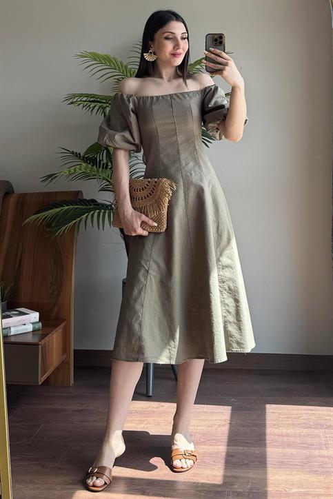Haki Dikiş Detaylı Elbise