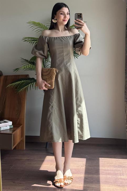 Haki Dikiş Detaylı Elbise