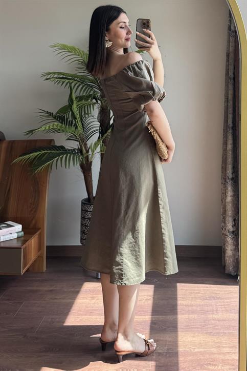 Haki Dikiş Detaylı Elbise