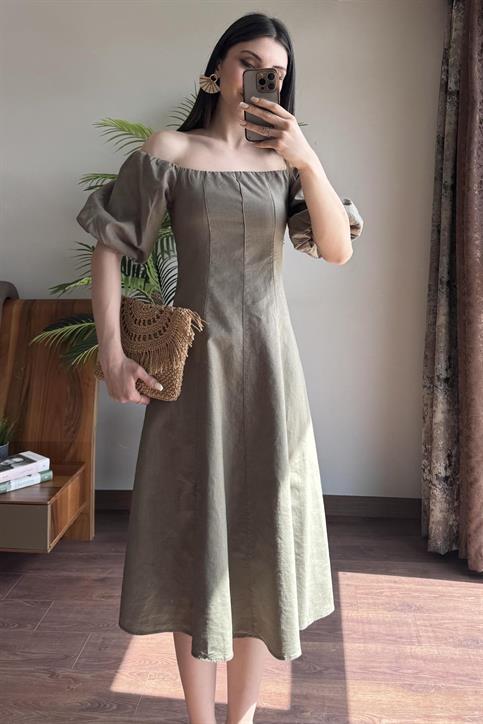 Haki Dikiş Detaylı Elbise