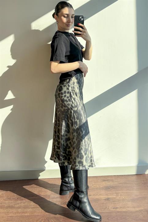 Haki Leopar Desen Saten Etek