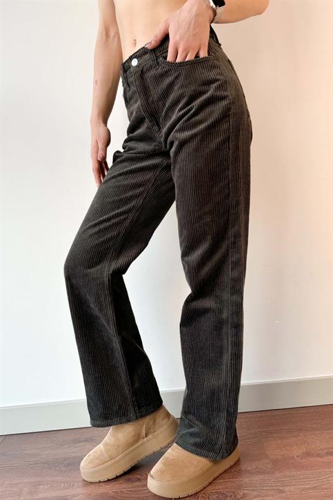 Haki Straight Kesim Kadife Jean Pantolon