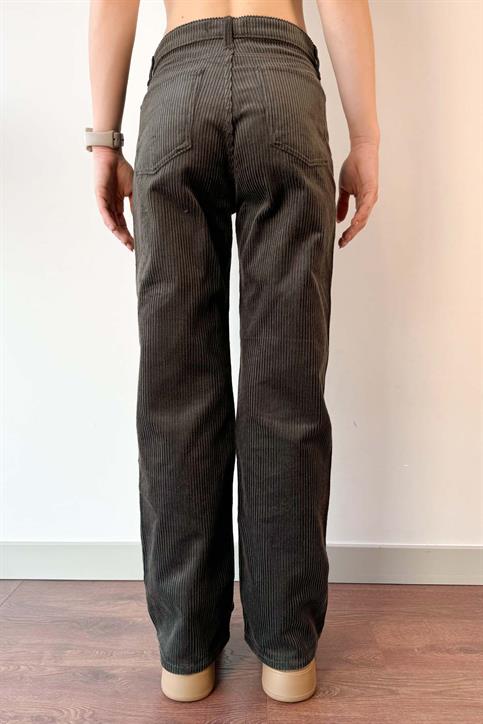 Haki Straight Kesim Kadife Jean Pantolon