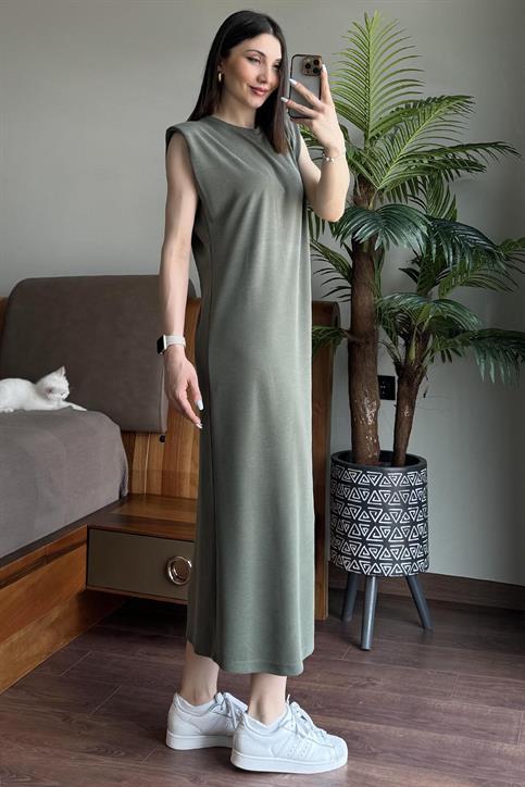 Haki Vatkalı Pike Modal Elbise