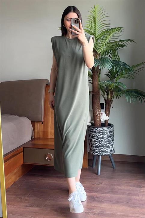 Haki Vatkalı Pike Modal Elbise