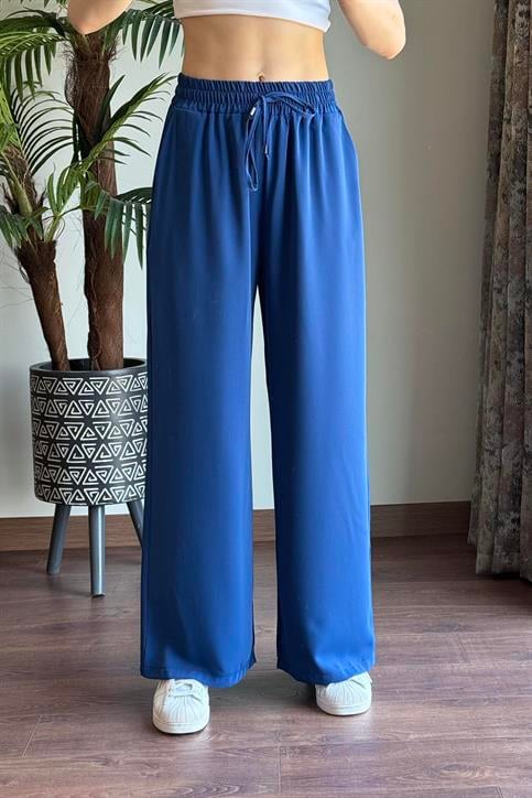 İndigo Beli Lastikli Bol Paça Pantolon