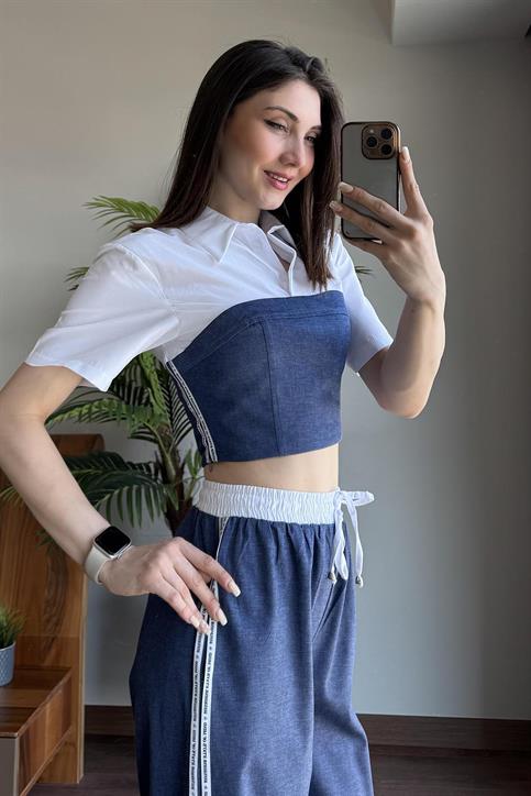 İndigo Gömlek Görünümlü Denim Garnili Yanı Şeritli Bluz
