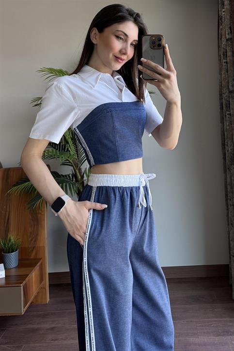 İndigo Gömlek Görünümlü Denim Garnili Yanı Şeritli Bluz