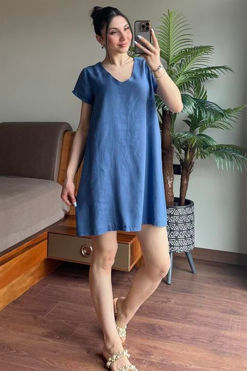 İndigo Keten Elbise