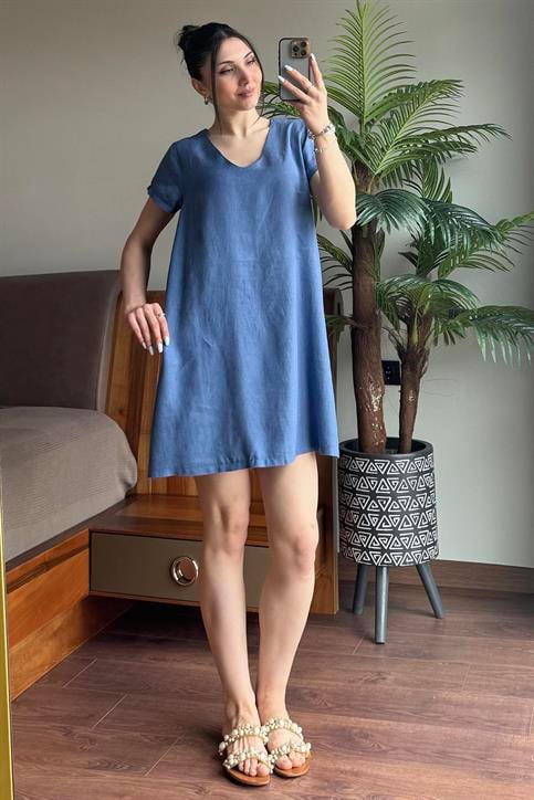 İndigo Keten Elbise