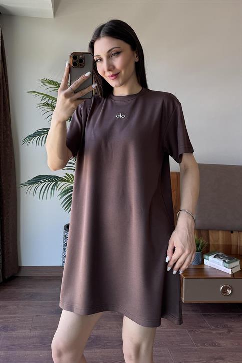 Kahverengi Alo Gümüş Baskılı Oversize Elbise