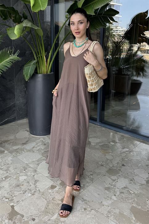 Kahverengi Askılı Elbise