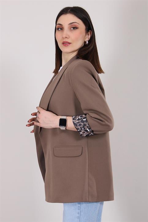 Kahverengi Atlas Kumaş Leopar Astarlı Blazer Ceket