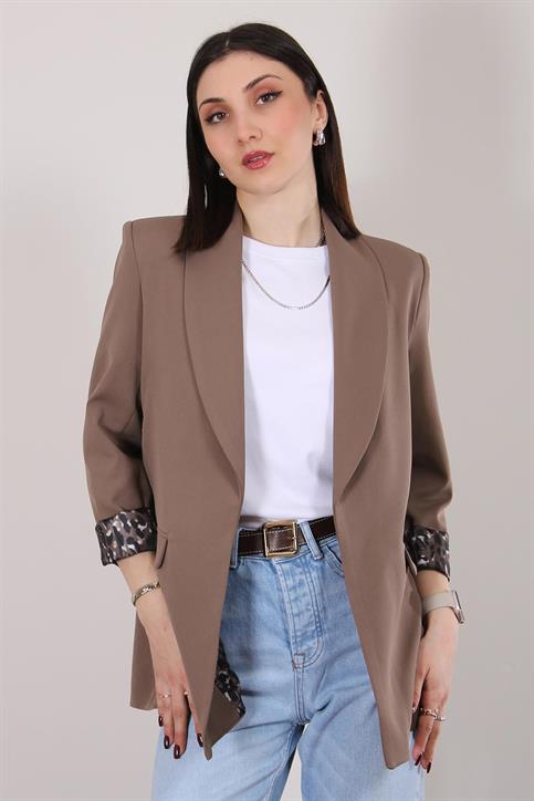 Kahverengi Atlas Kumaş Leopar Astarlı Blazer Ceket