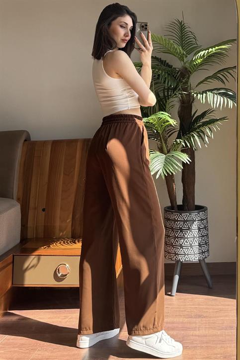 Kahverengi Beli Lastikli Bol Paça Pantolon