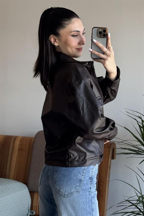 Kahverengi Beli Lastikli Boyfriend Deri Ceket