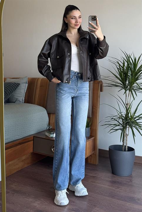 Kahverengi Beli Lastikli Boyfriend Deri Ceket