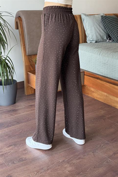 Kahverengi Beli Lastikli Taşlı Pantolon