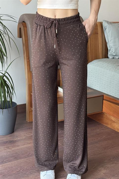 Kahverengi Beli Lastikli Taşlı Pantolon