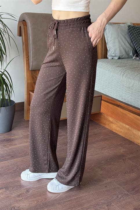 Kahverengi Beli Lastikli Taşlı Pantolon