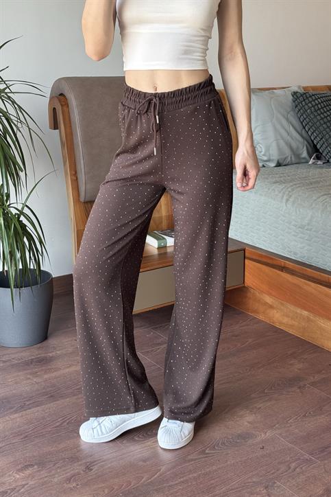 Kahverengi Beli Lastikli Taşlı Pantolon