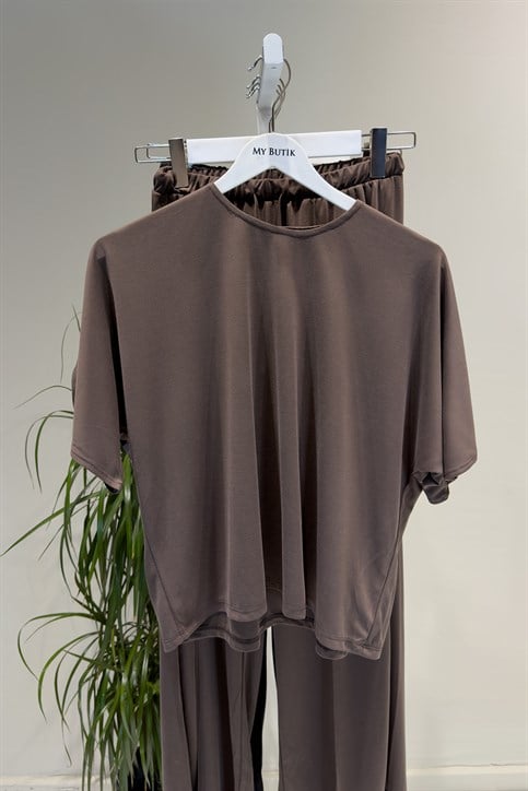 Kahverengi Crop Pantolon Takım